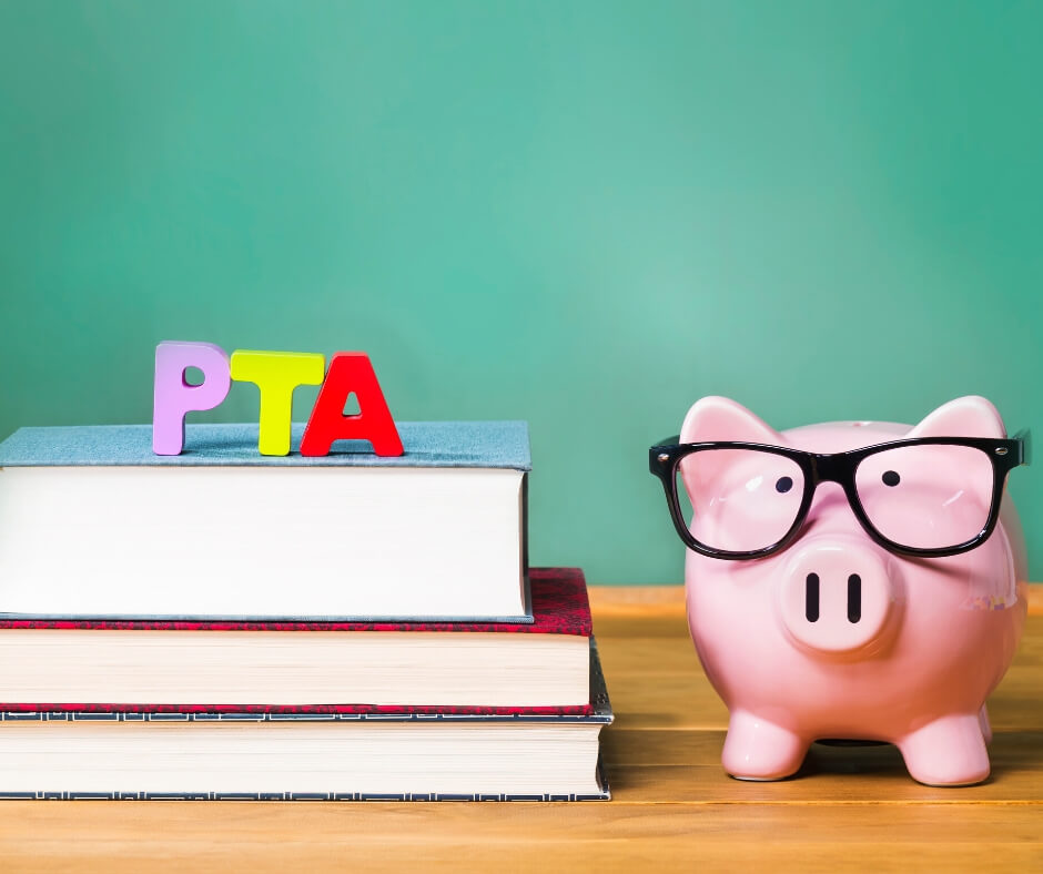 PTA books and piggy bank