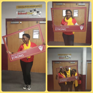 Three images of students posing with the Bradford photo frame