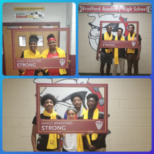 Three images of students posing with the Bradford photo frame