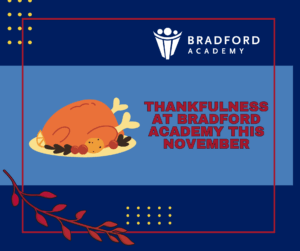 Thankfulness at Bradford Academy this November - image with Turkey, logo and decorative imagery