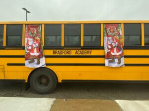 Bradford Academy decorated a school bus with Christmas decor to celebrate the holiday season with select families