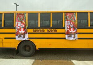 Bradford Academy decorated a school bus with Christmas decor to celebrate the holiday season with select families